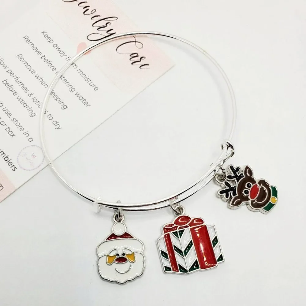 Christmas Santa, Present, and Reindeer Charm Bracelet, Silver Adjustable Jewelry